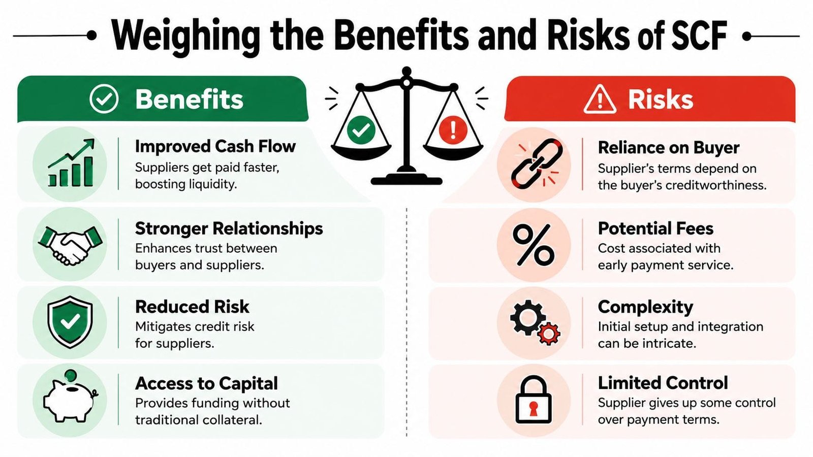 A visual comparison infographic showing the benefits and risks of supply chain financing in a balance scale.