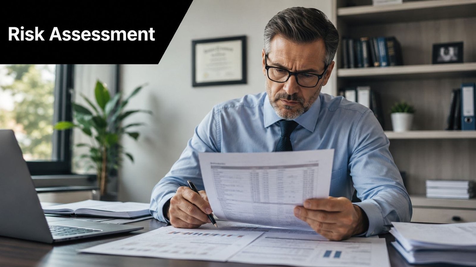 A professional man with glasses reviewing financial documents at his office desk for a risk assessment.