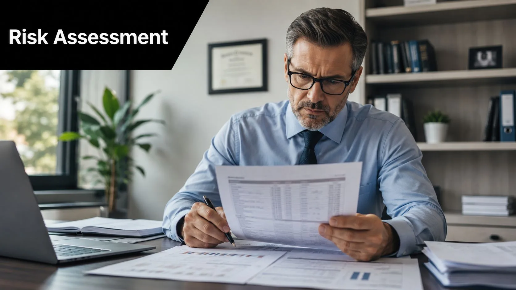 A professional man with glasses reviewing financial documents at his office desk for a risk assessment.