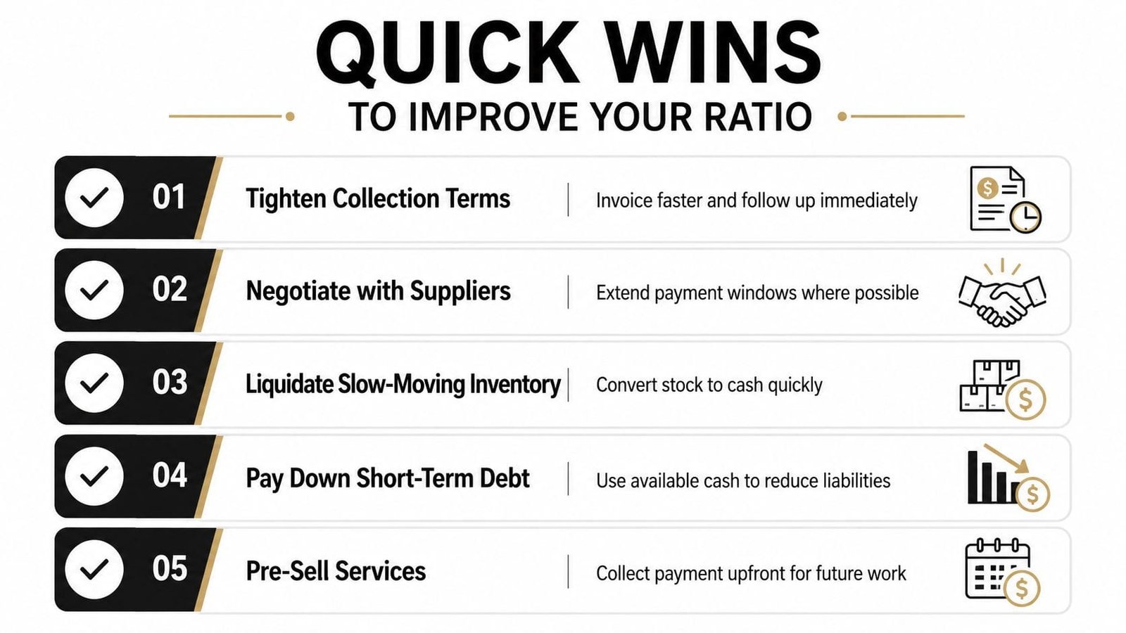 A list of five quick business strategies to improve financial ratios and increase cash flow.