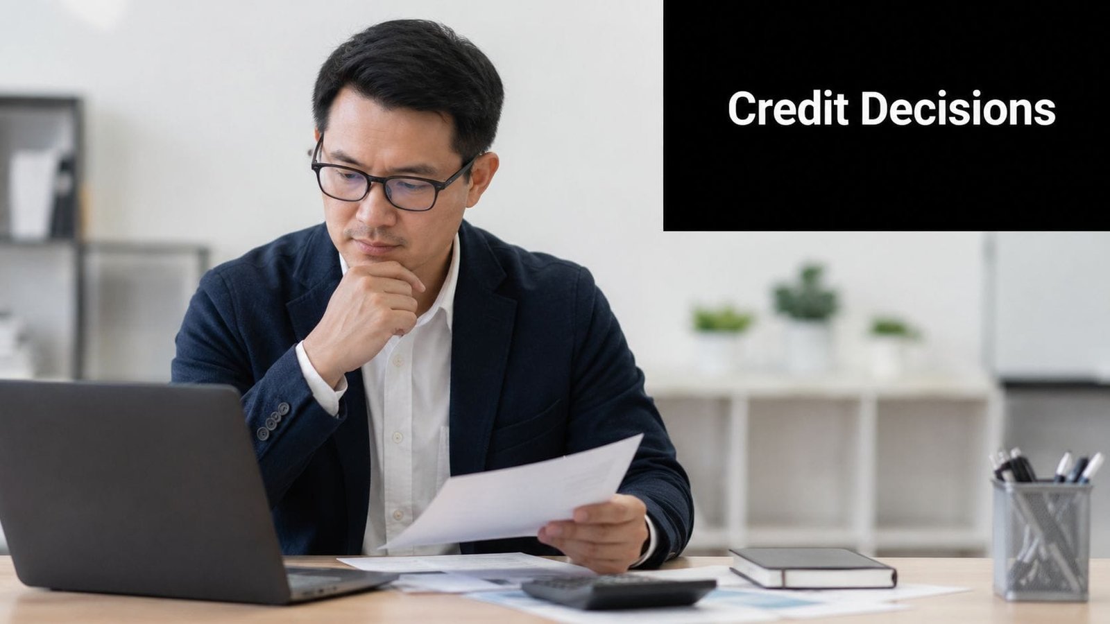 A professional man in a business suit reviewing credit documents on a laptop at his desk.