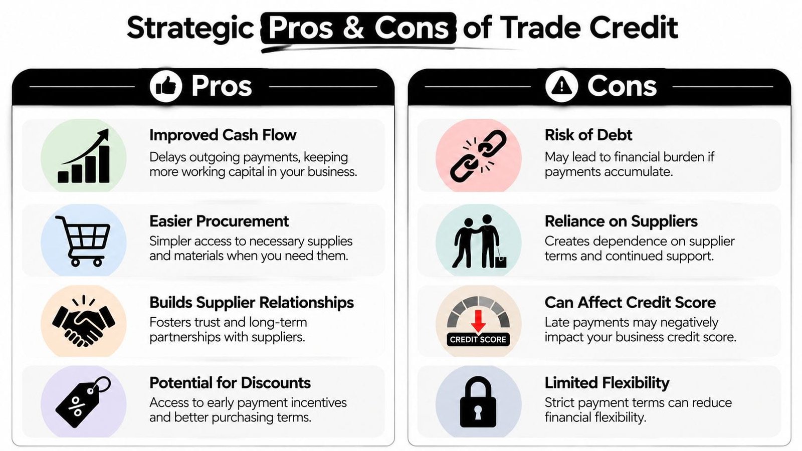 An infographic titled Strategic Pros and Cons of Trade Credit, showing business advantages and disadvantages.