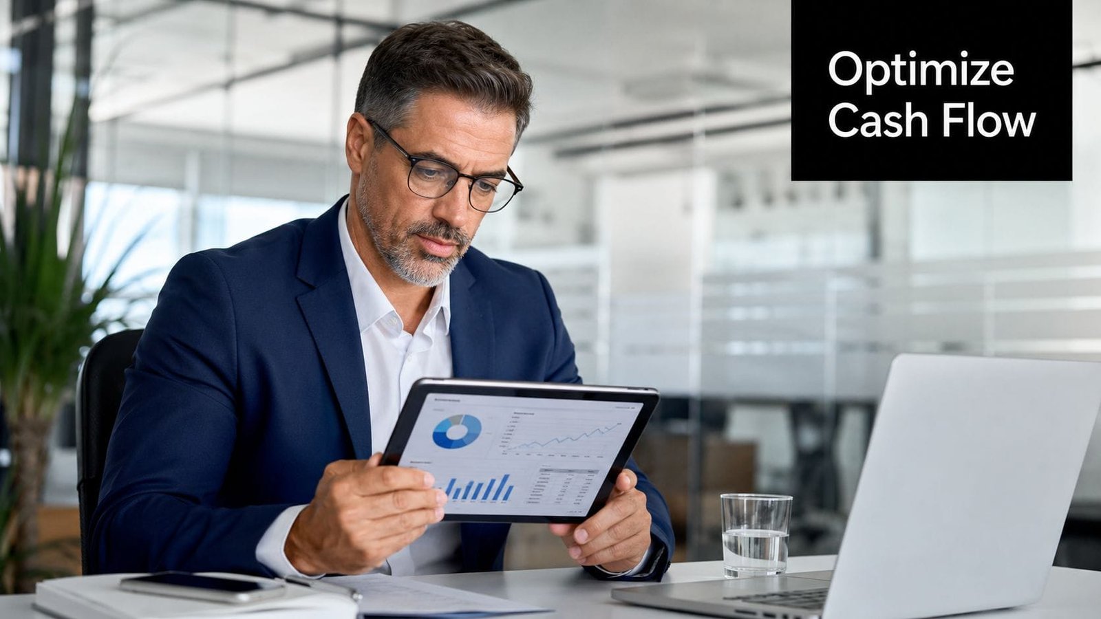 A professional man in a business suit analyzing financial charts on a tablet in an office.