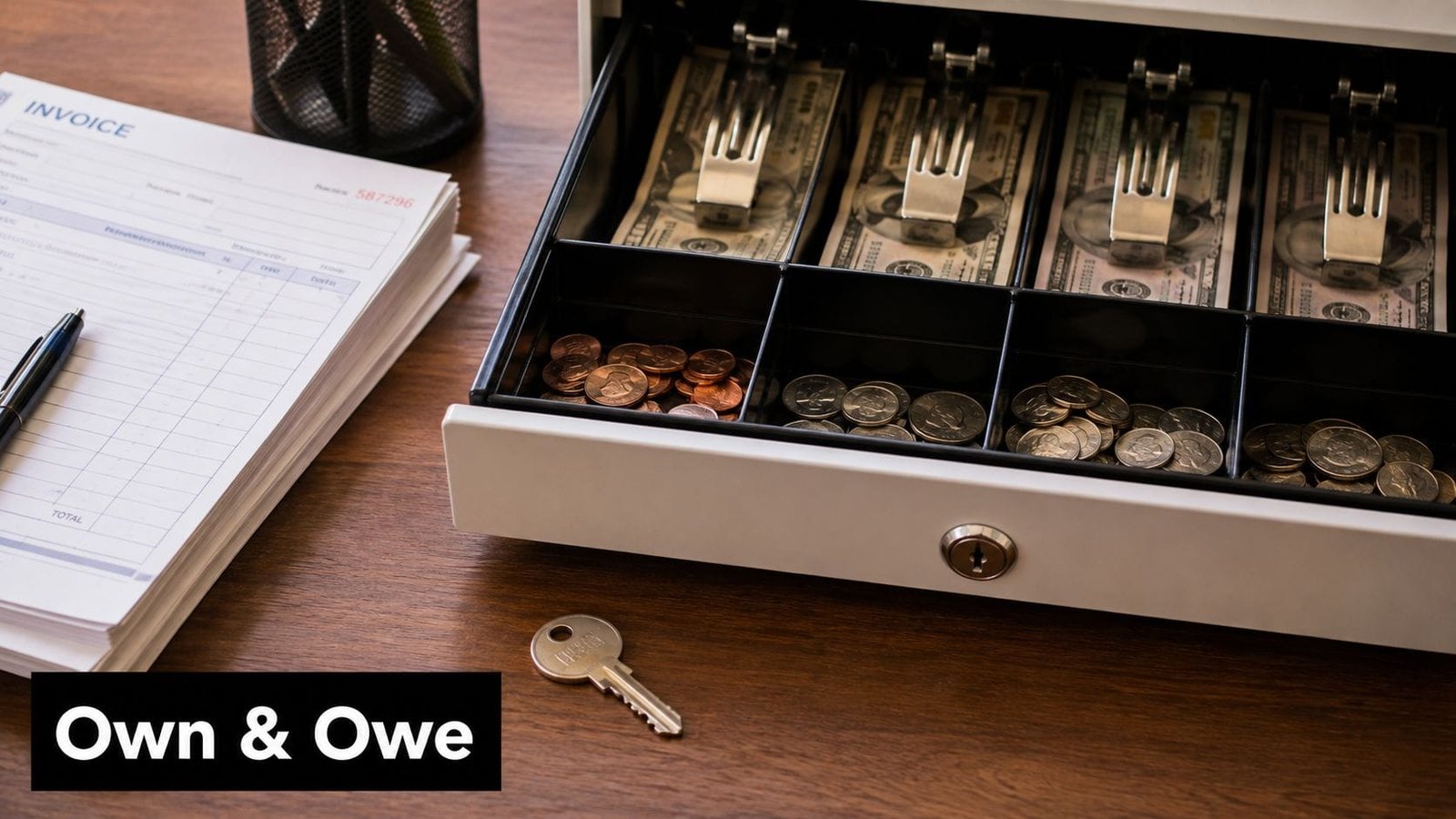 A cash drawer sitting on a wooden desk next to a stack of invoices and a key.