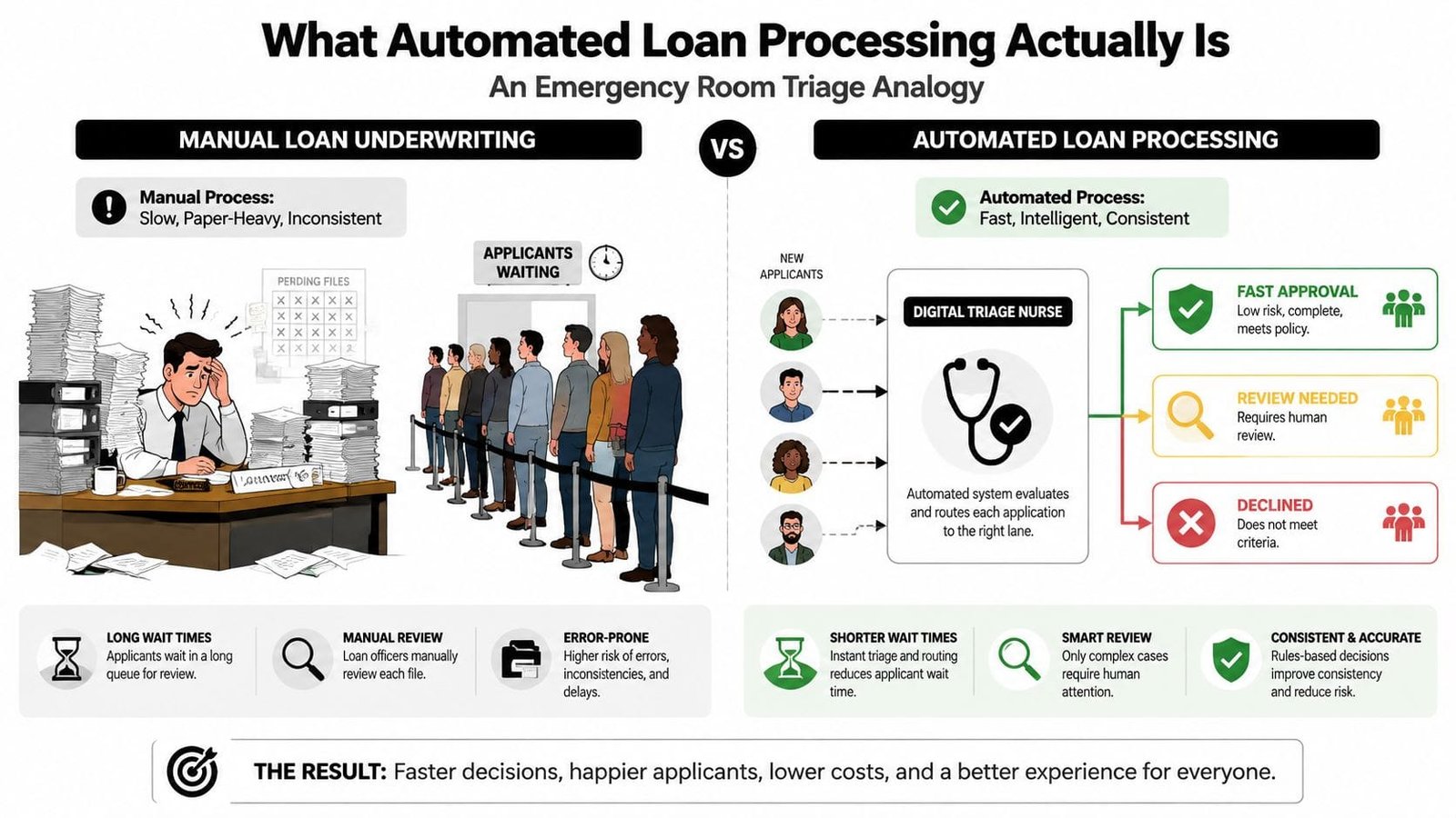 A diagram comparing traditional manual loan underwriting versus automated loan processing using an emergency room triage analogy.