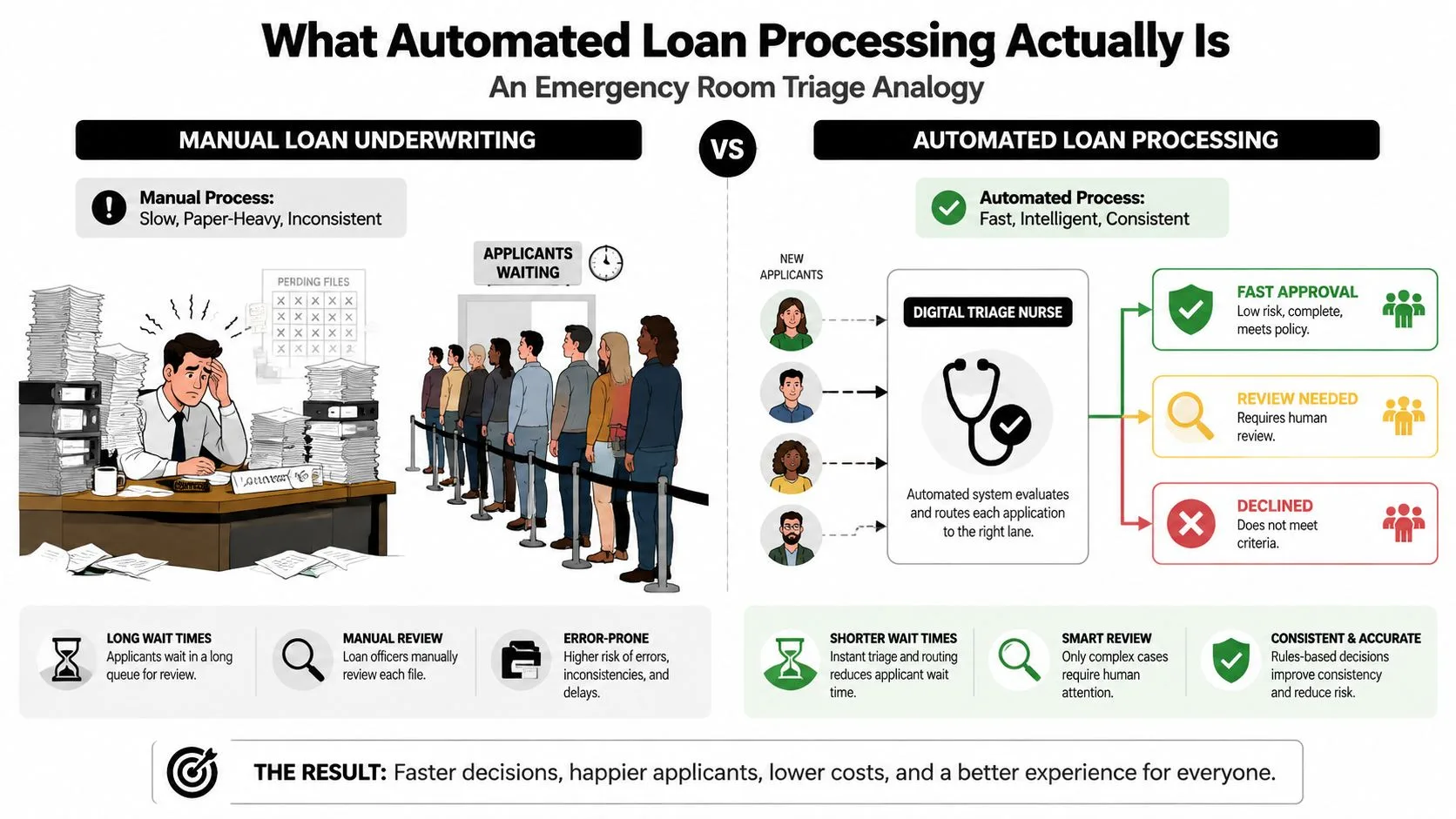 A diagram comparing traditional manual loan underwriting versus automated loan processing using an emergency room triage analogy.