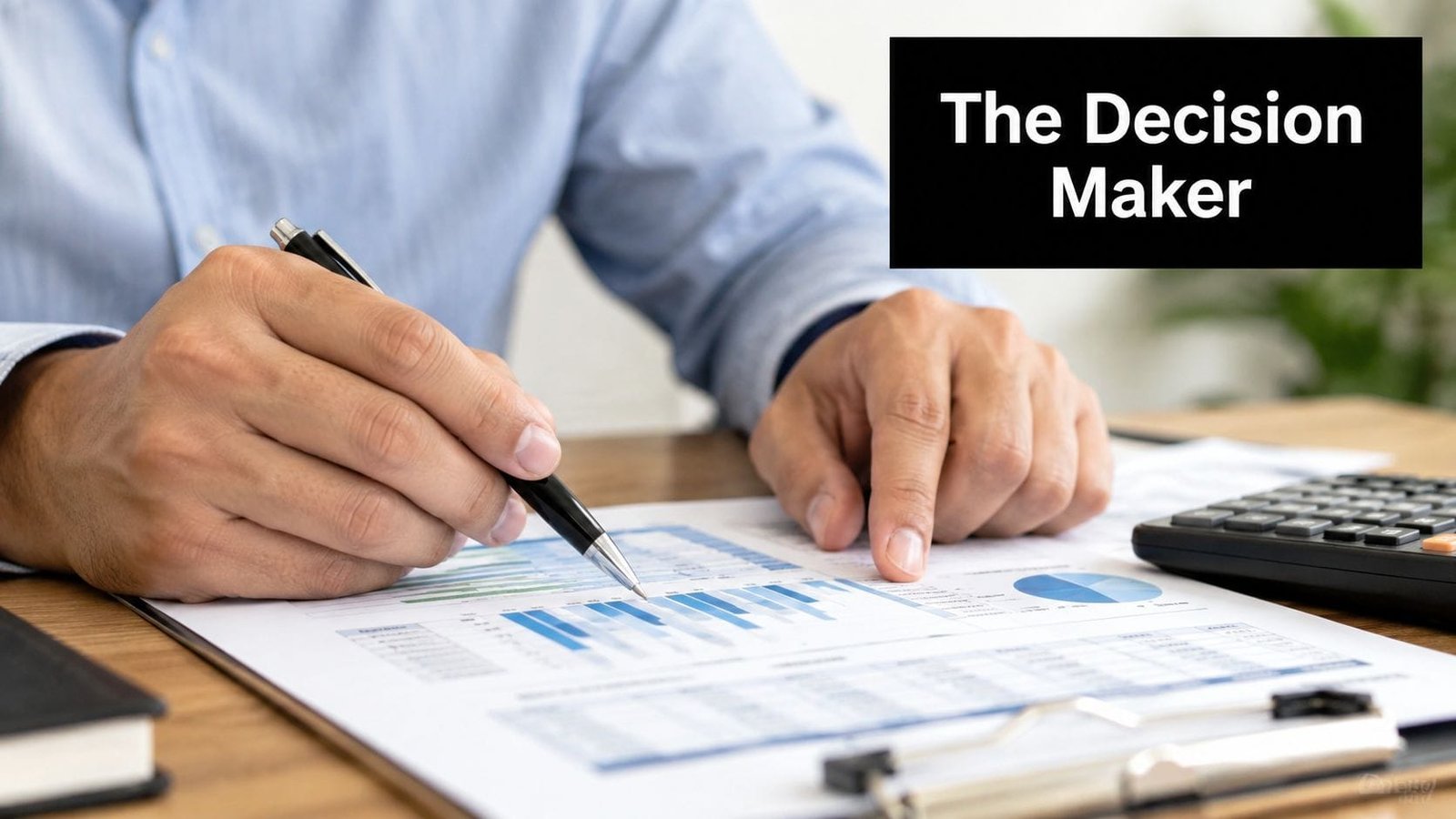 A professional man analyzing financial charts on a document with a pen and calculator at his desk.