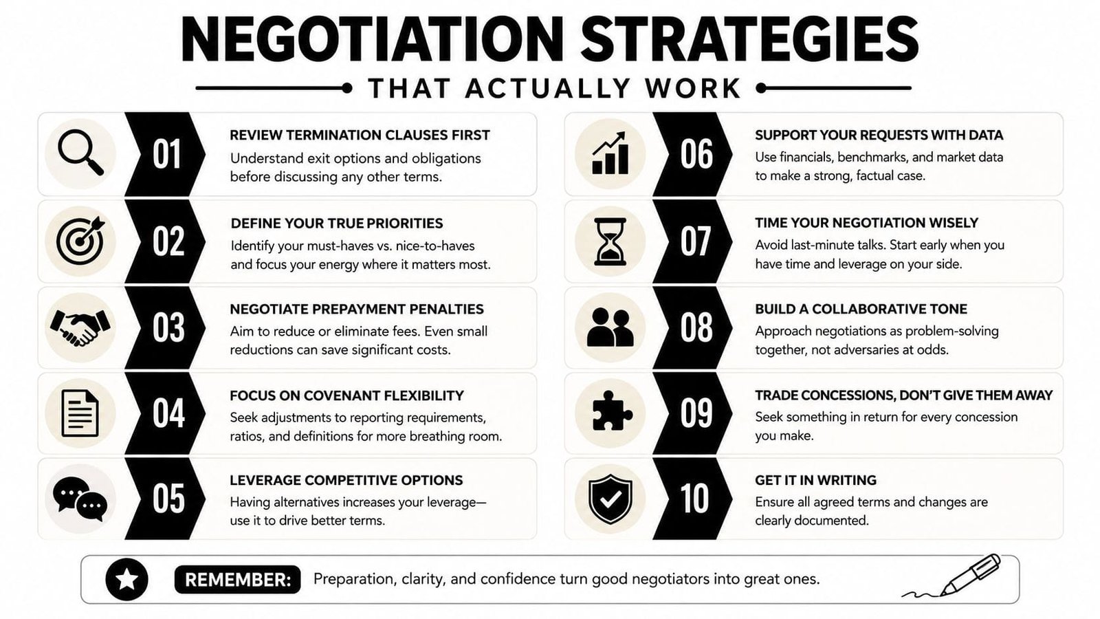A list of ten effective negotiation strategies for business loan agreements displayed as an infographic.