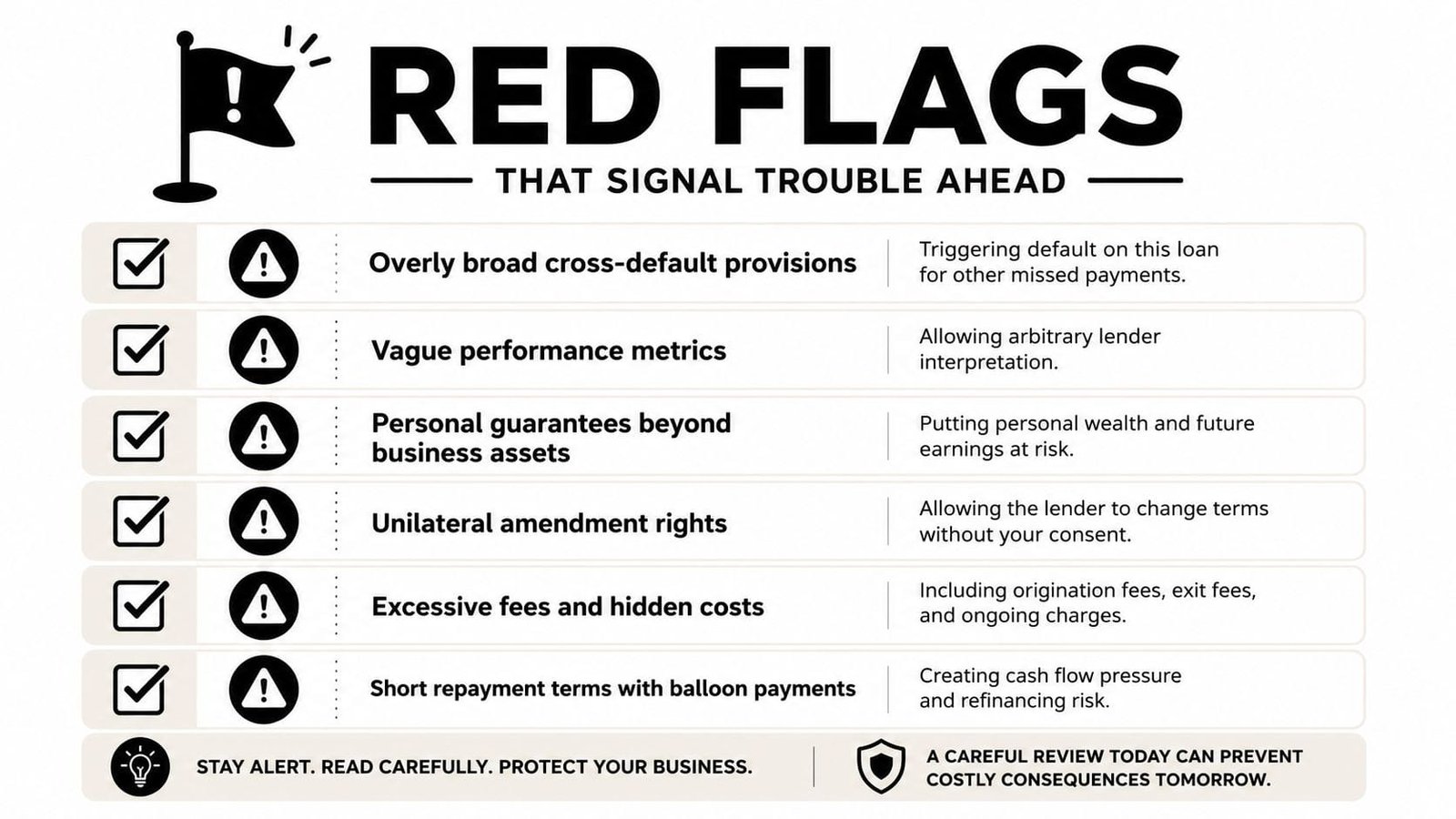 A list of red flags to look for when reviewing a commercial loan agreement for your business.