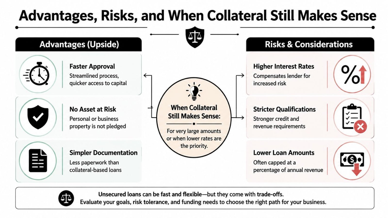 A comparison chart outlining the advantages and risks of unsecured business loans compared to collateral-based financing options.