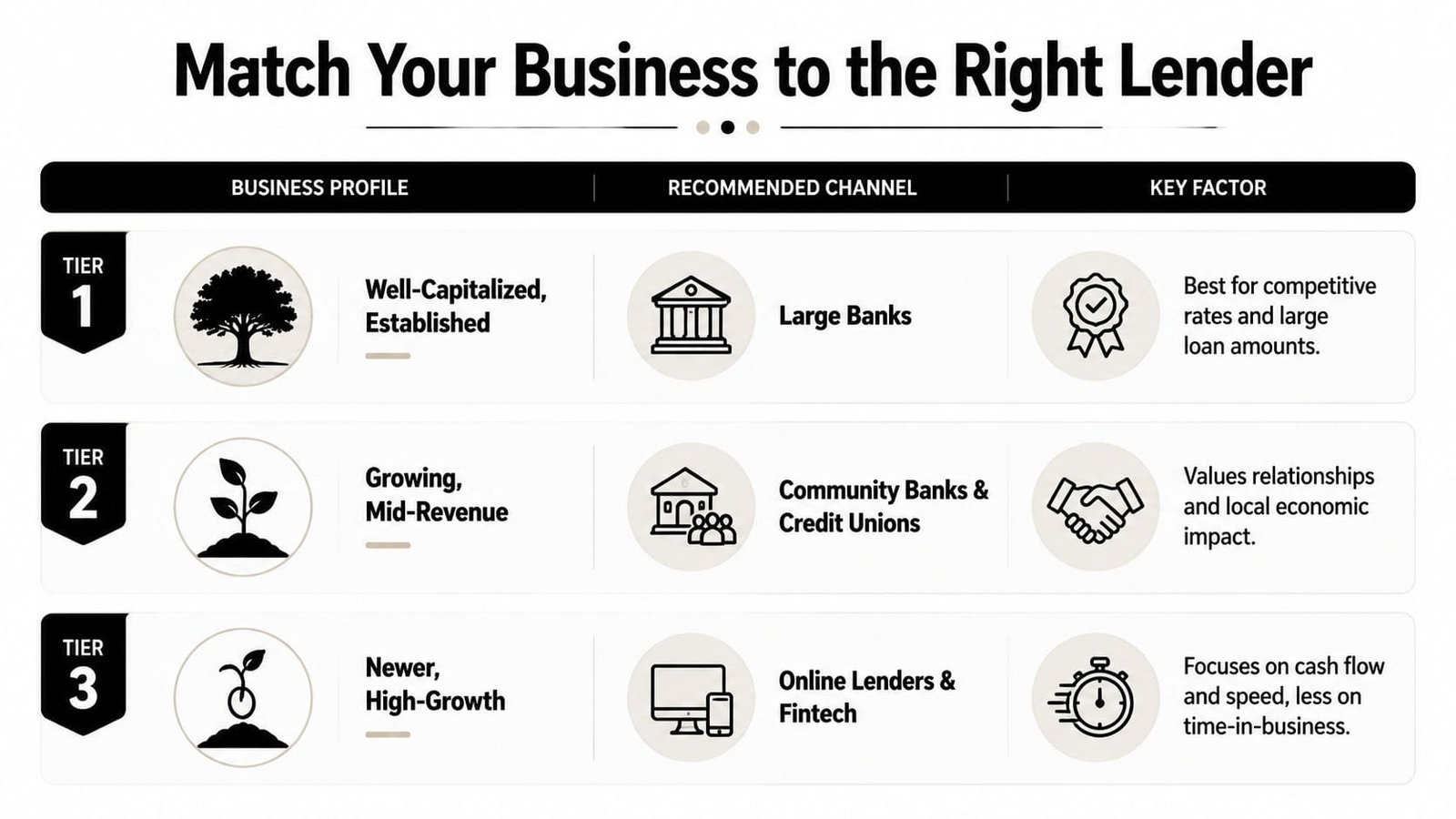 A chart illustrating how to match different business profiles with the most suitable lending institutions.