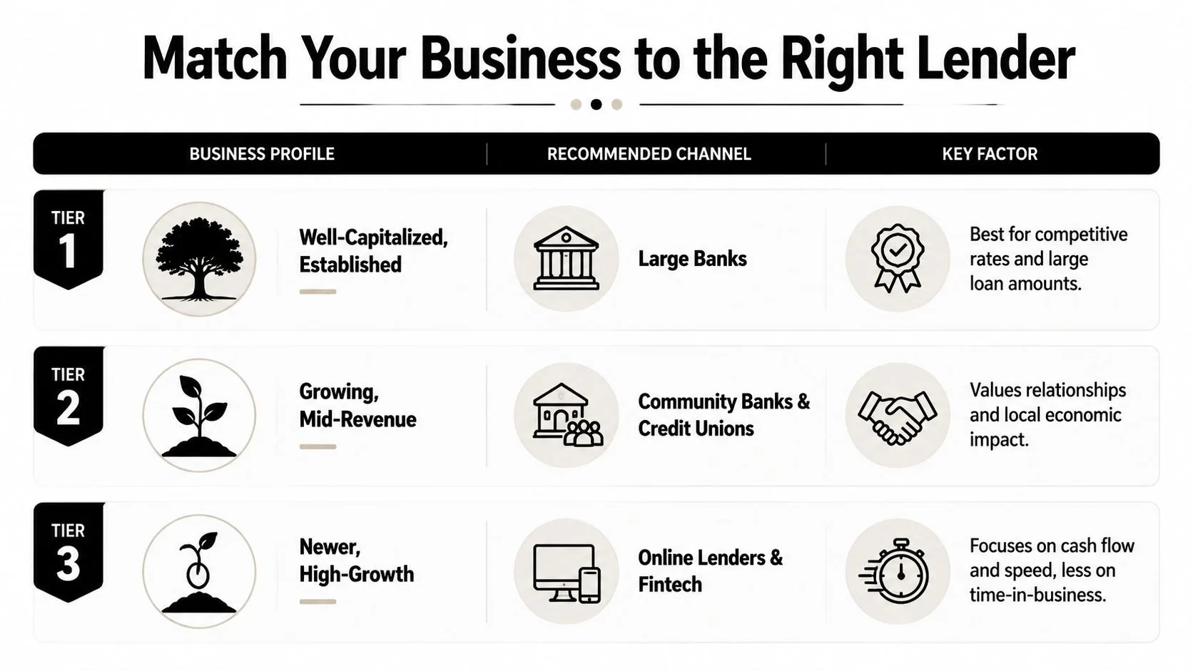A chart illustrating how to match different business profiles with the most suitable lending institutions.
