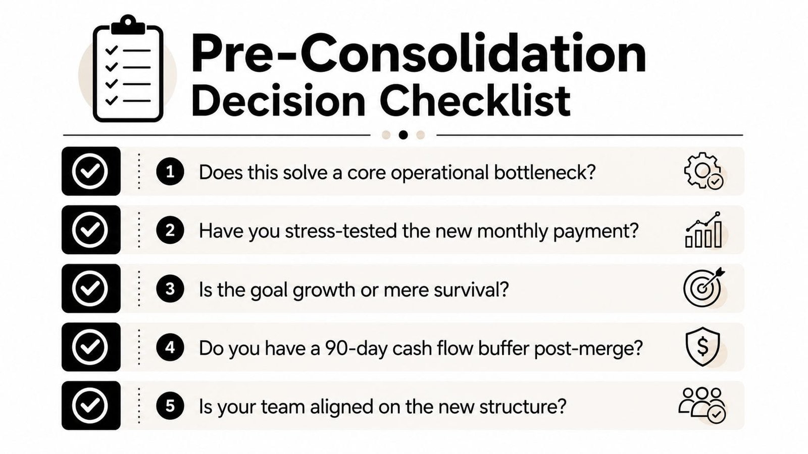 A business infographic titled Pre-Consolidation Decision Checklist featuring five essential questions for strategic company mergers.
