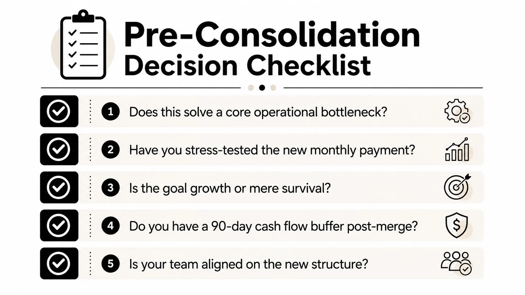 A business infographic titled Pre-Consolidation Decision Checklist featuring five essential questions for strategic company mergers.