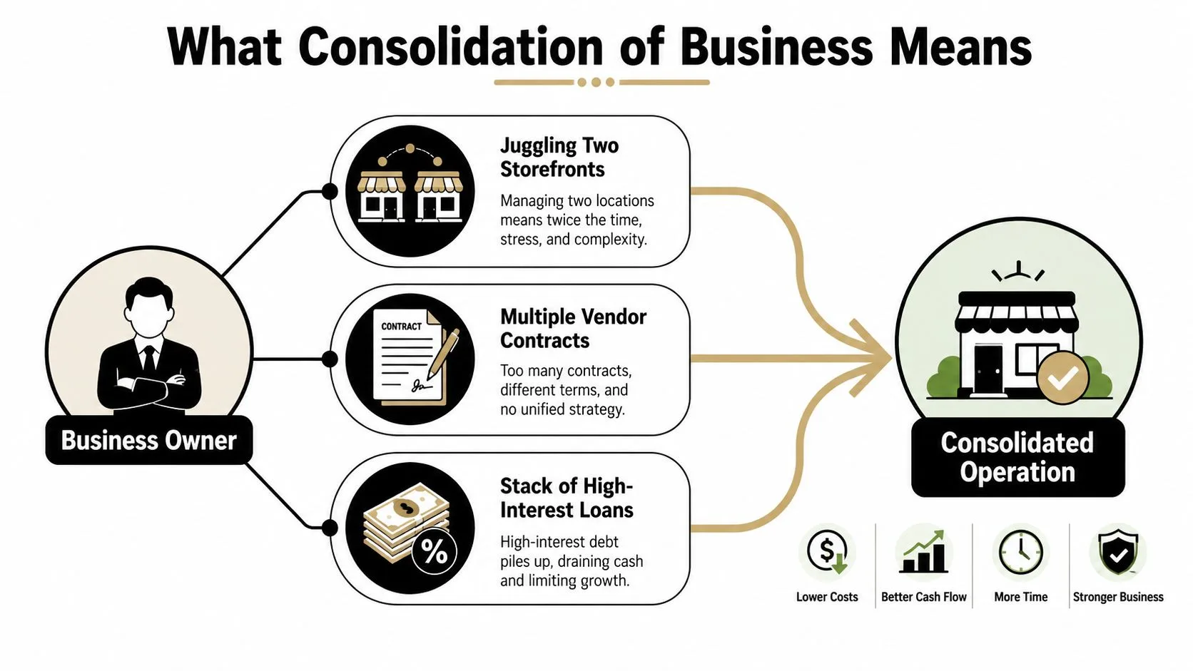 A diagram illustrating how a business owner streamlines operations through consolidation to achieve improved efficiency and growth.