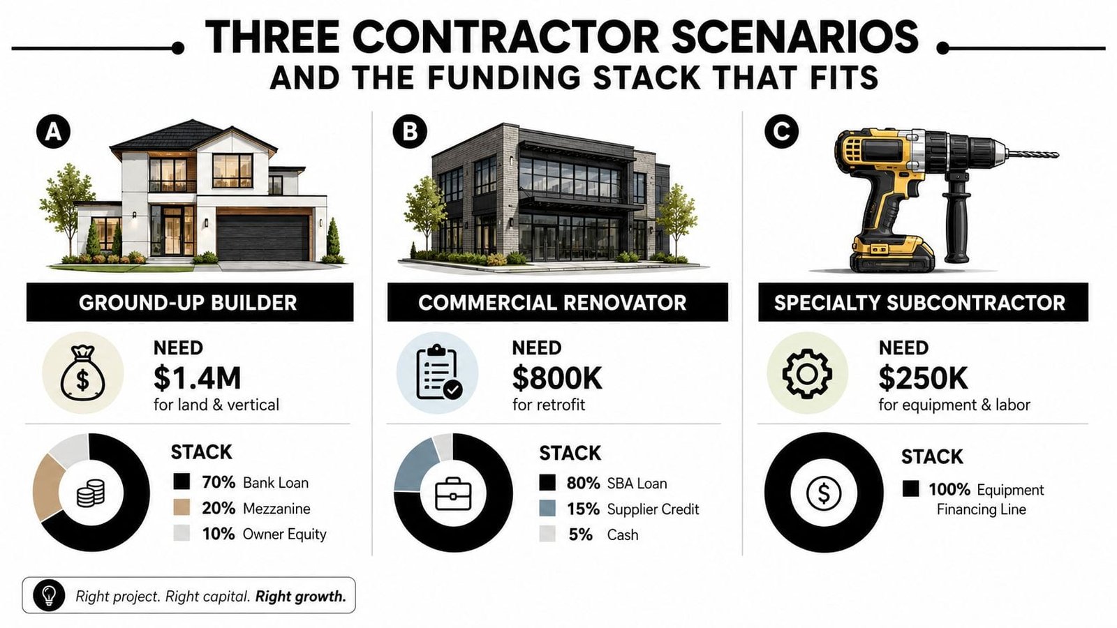 An infographic detailing construction financing strategies for three different types of contractor businesses.