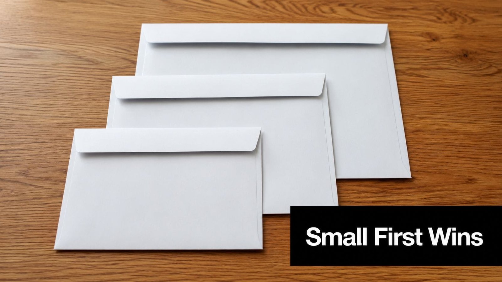 Three blank white envelopes of increasing size arranged on a light-colored wooden table background.