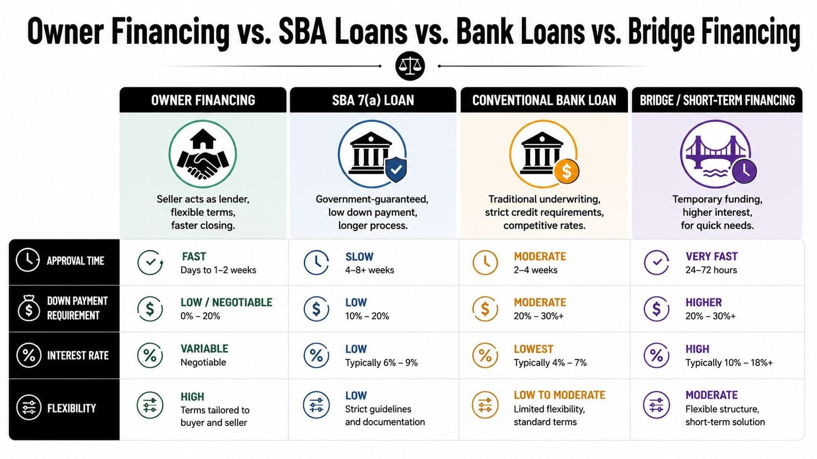 A comparison chart outlining differences between owner financing, SBA loans, bank loans, and bridge financing options.