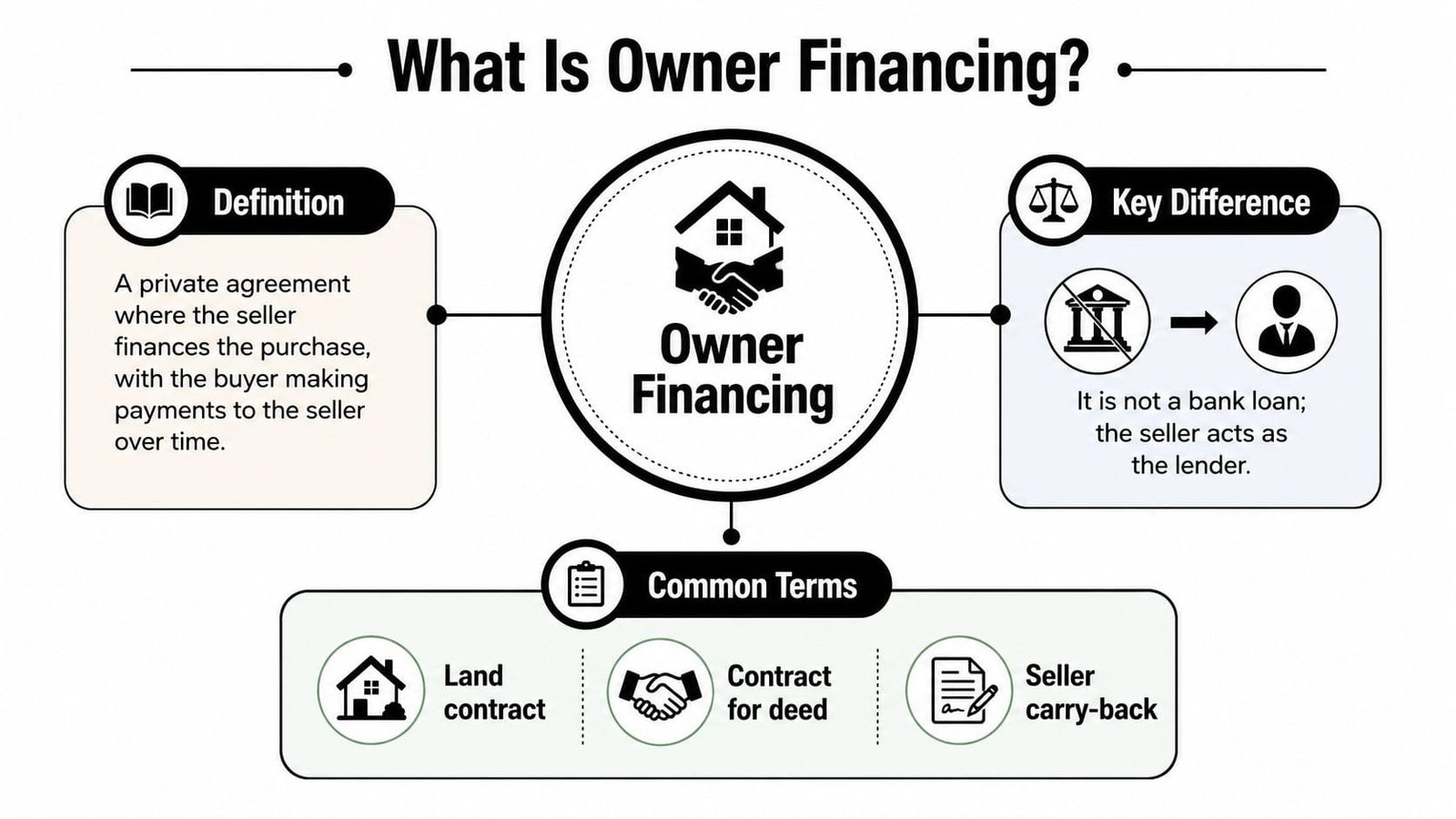 An infographic defining owner financing as a private agreement where the seller acts as the lender.