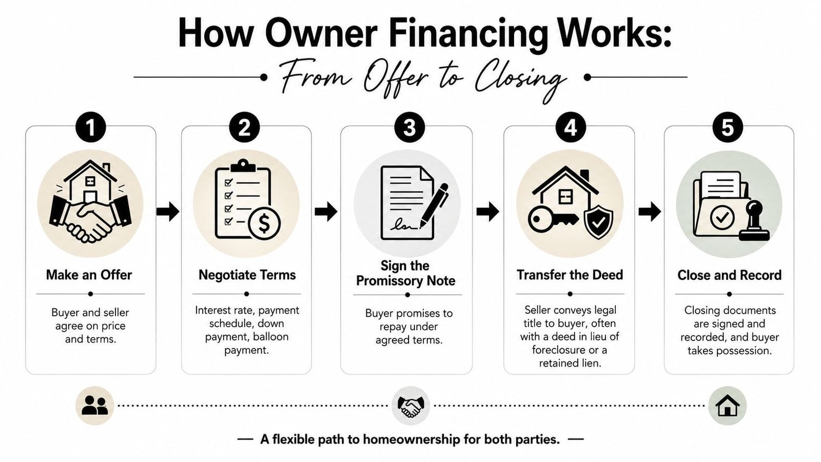 A flowchart infographic outlining the five steps of the owner financing real estate process from offer to closing.