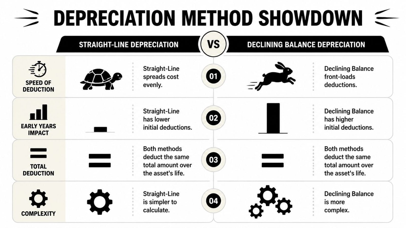 A comparison chart showing the differences between straight-line and declining balance depreciation methods for equipment accounting.