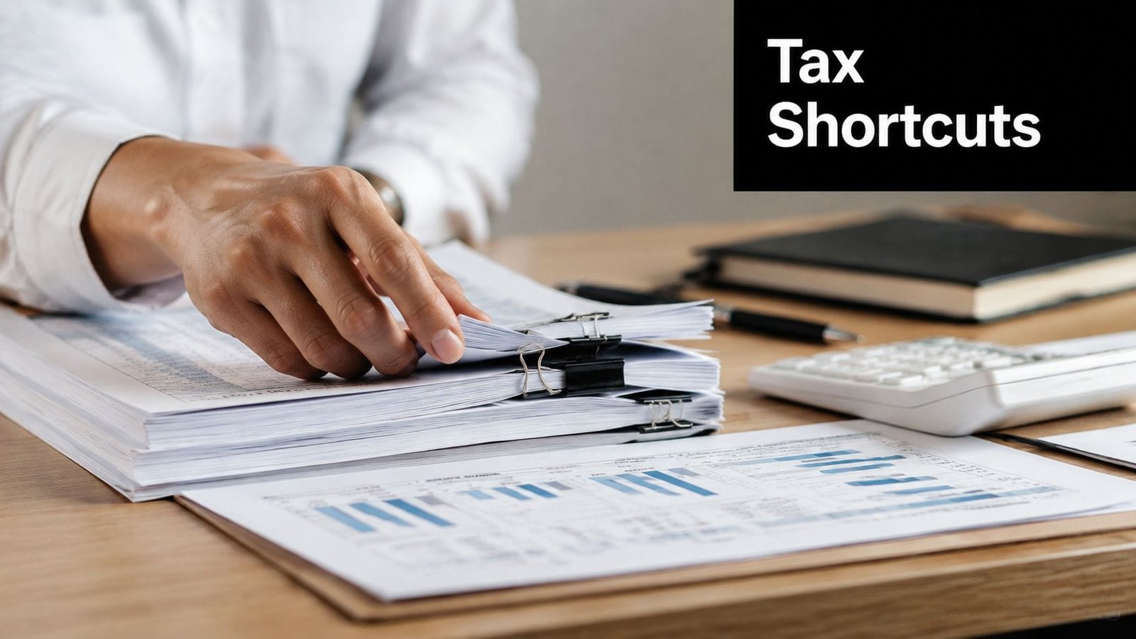 A professional analyzing financial documents with charts and a calculator on a wooden office desk.