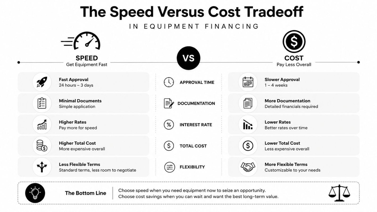 A comparison chart illustrating the trade-off between speed and cost when financing business equipment.