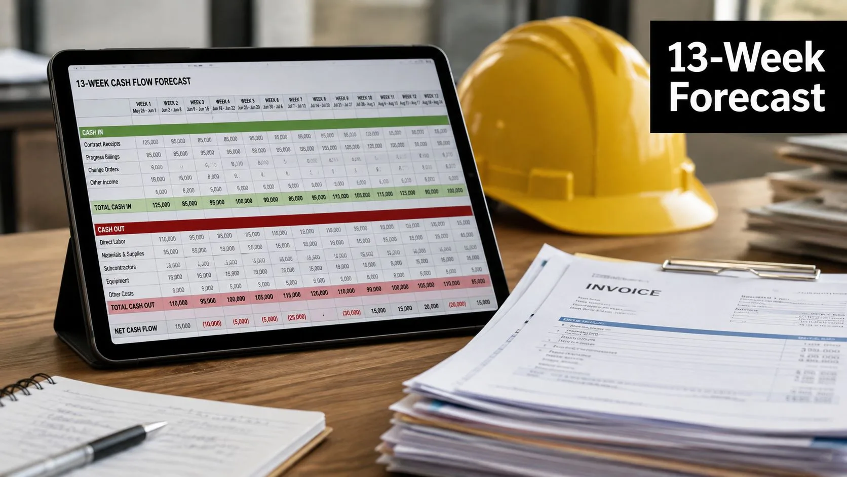 A digital tablet displaying a 13-week cash flow forecast next to a yellow construction hard hat.