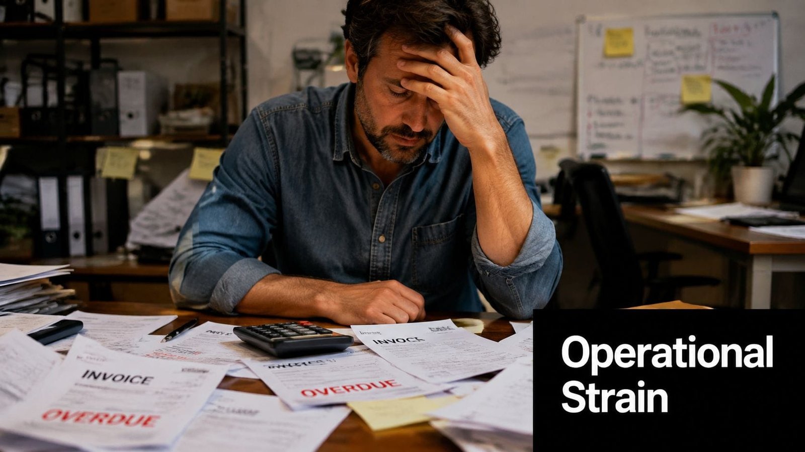 A stressed man sitting at a desk surrounded by multiple overdue invoices and financial documents.