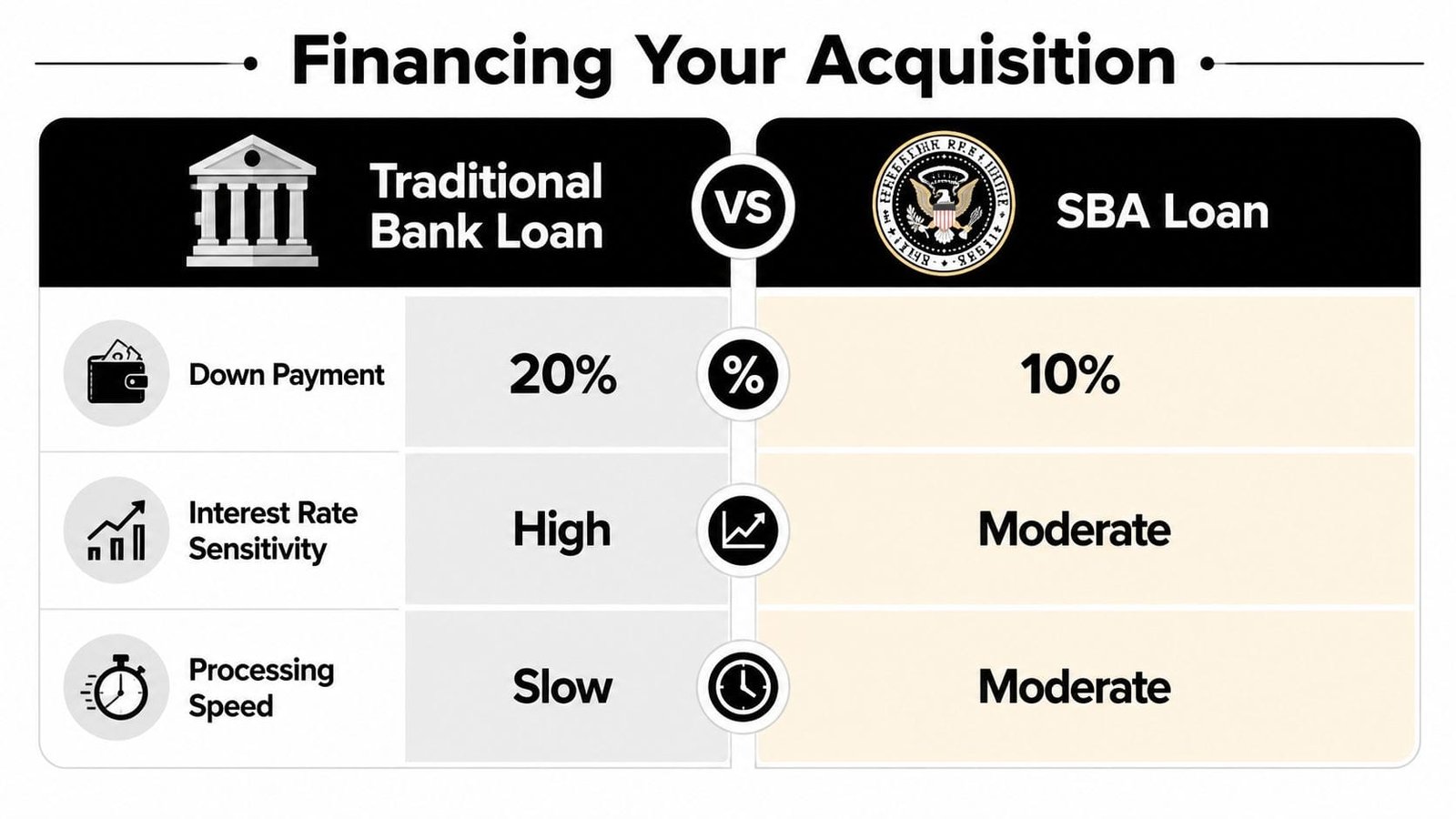 A comparison chart showing differences in down payment, interest sensitivity, and processing speed between bank and SBA loans.
