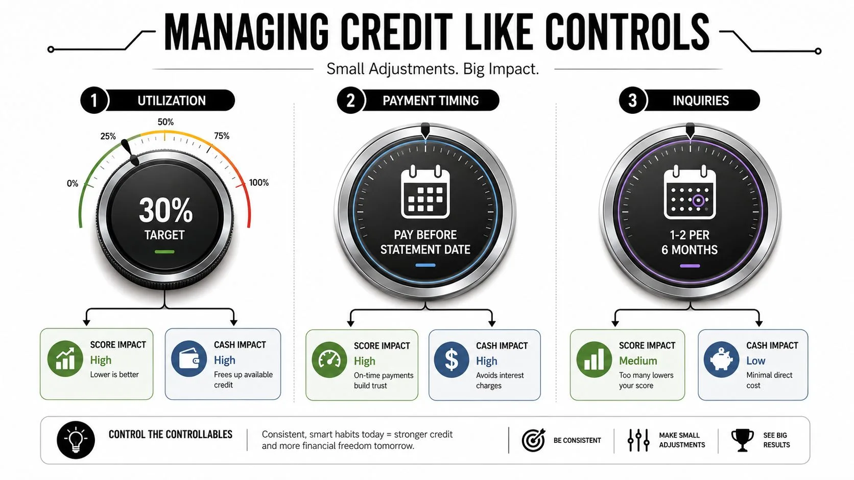 An infographic showing three main ways to improve credit scores through utilization, payment timing, and inquiries.