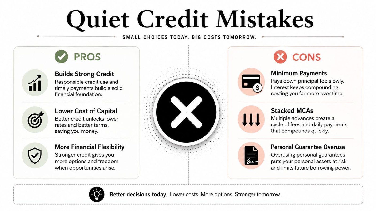 An infographic comparing the benefits of strong credit versus the costs of common credit mistakes.