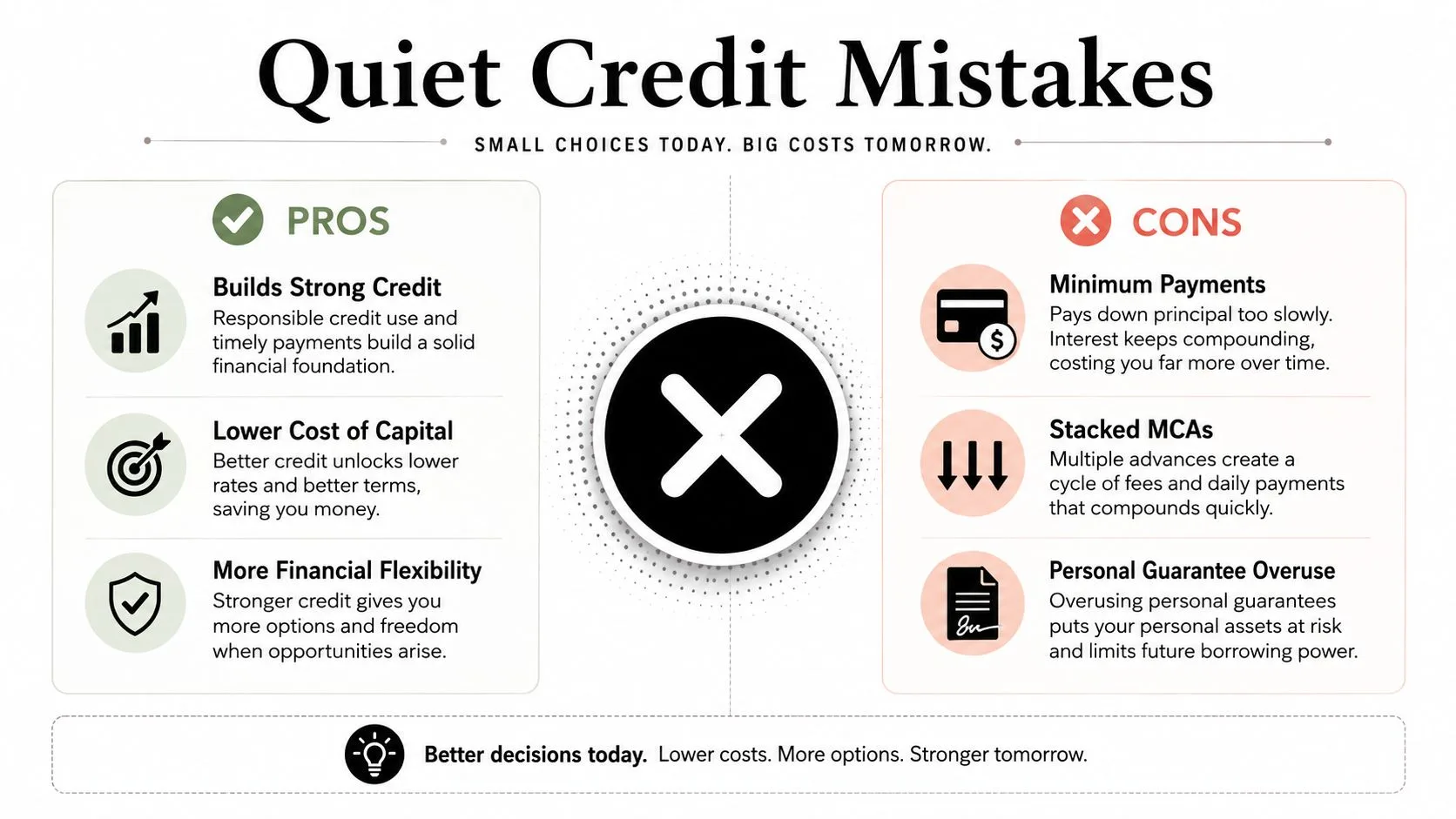 An infographic comparing the benefits of strong credit versus the costs of common credit mistakes.