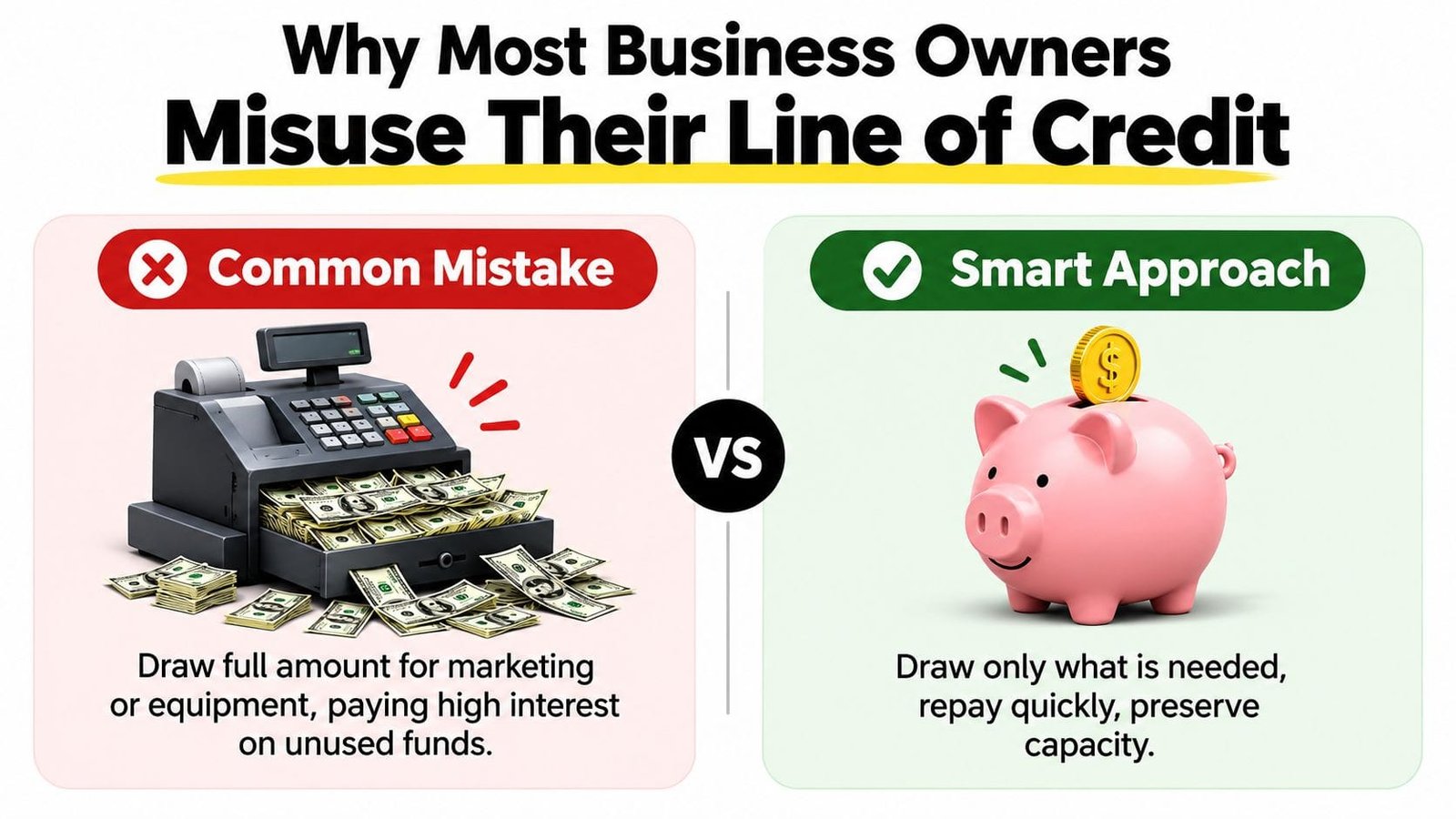 A comparison showing the difference between common mistakes versus smart approaches when using a business line of credit.
