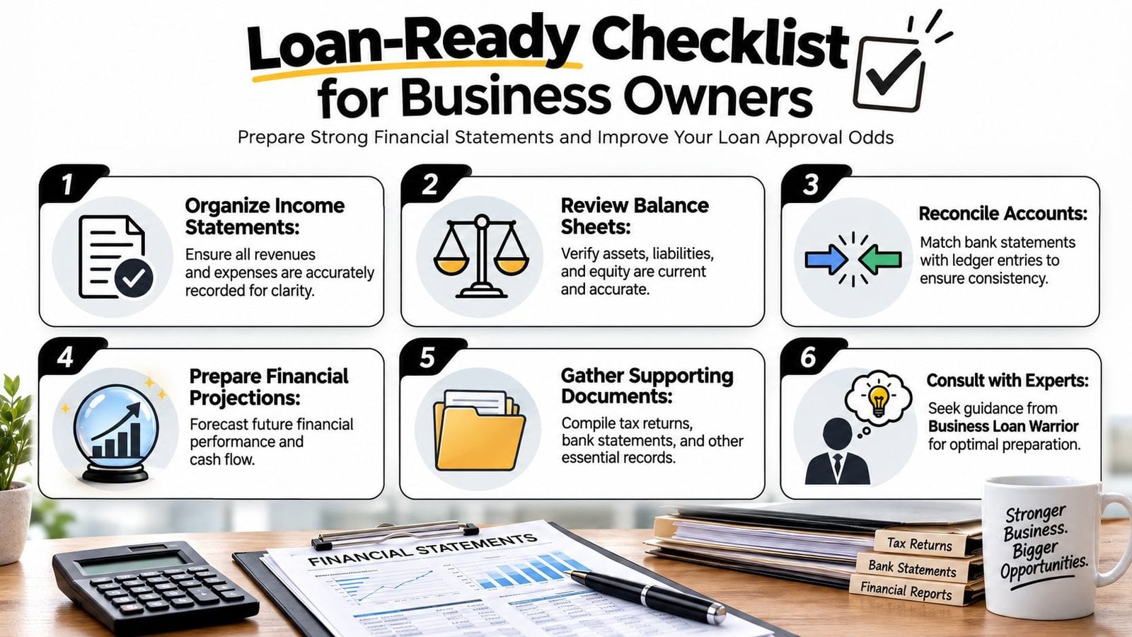 A six-step loan-ready checklist for business owners including financial statements, balance sheets, and tax documentation preparation.