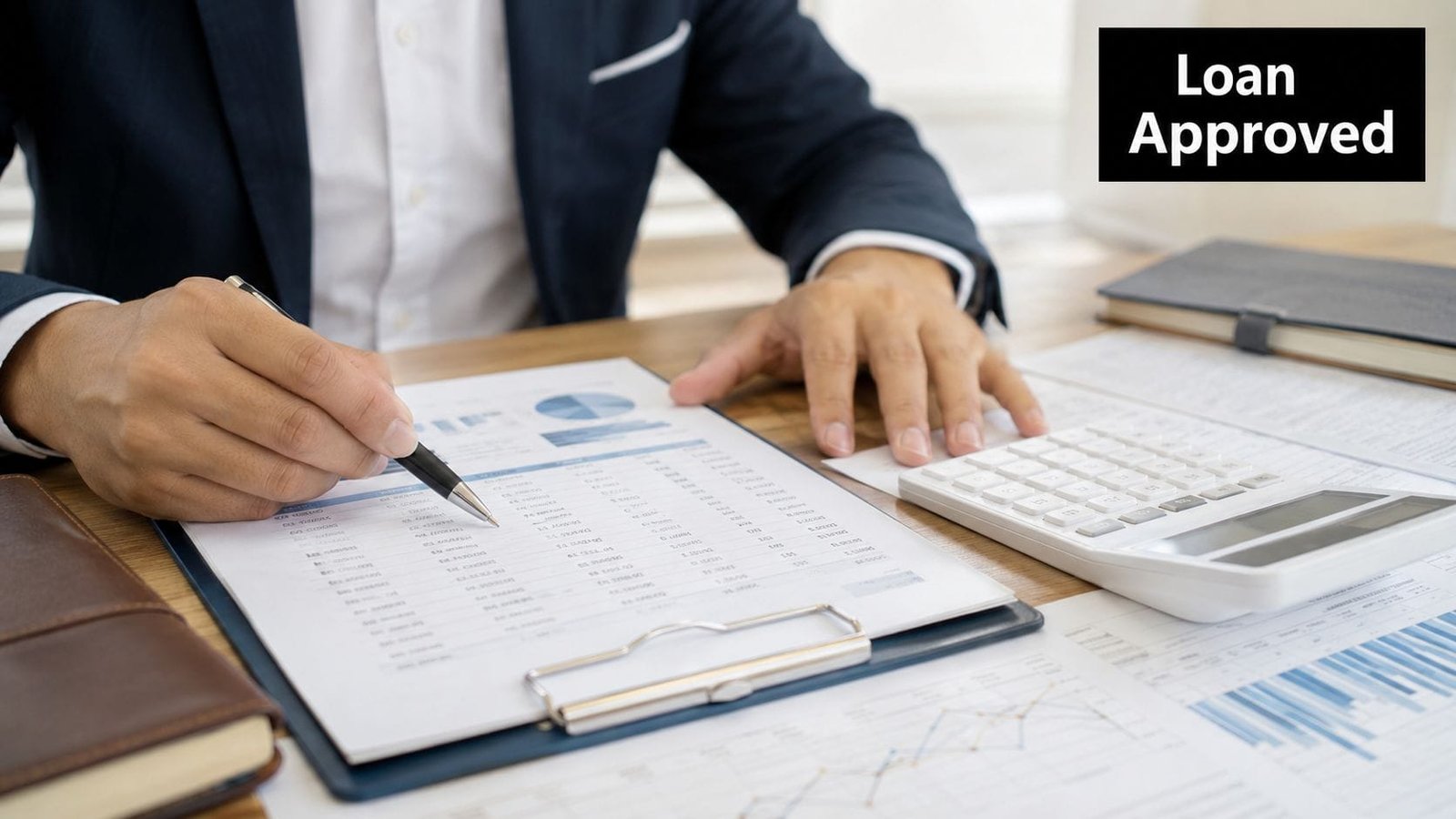 A professional accountant reviews a financial report and income statement with a calculator at a desk.