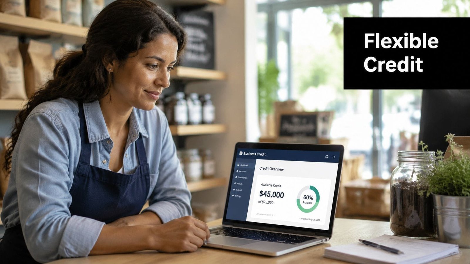 A business owner reviews her flexible business line of credit dashboard on a laptop in her shop.