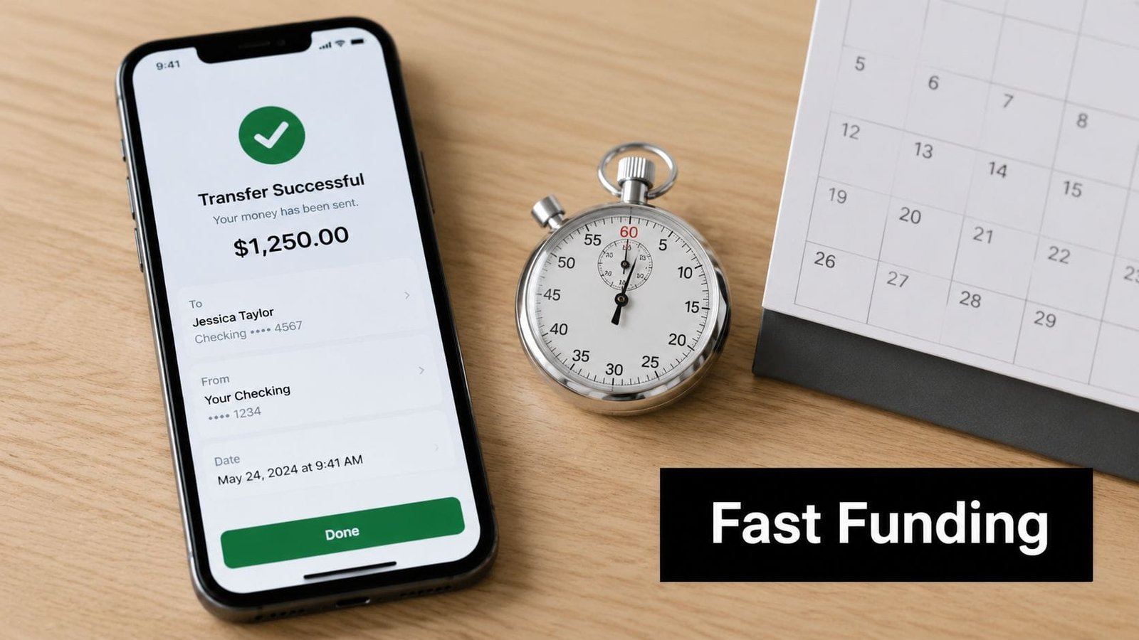 A smartphone screen showing a successful $1,250 money transfer next to a stopwatch and calendar.