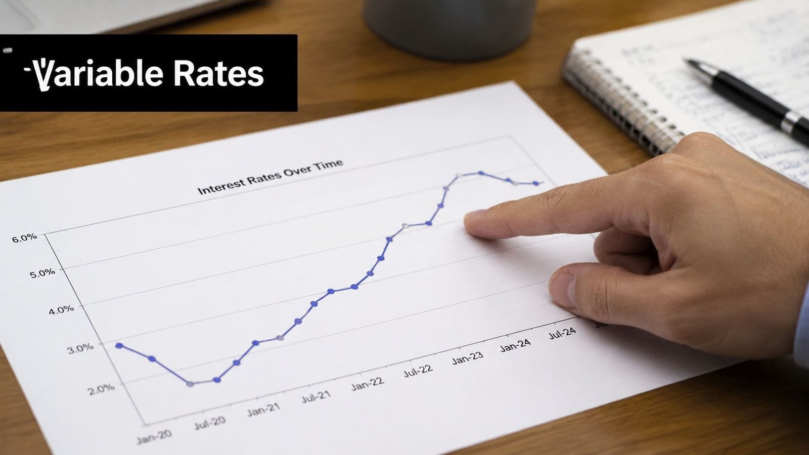 A hand pointing to an upward trending line graph showing the history of variable interest rates.