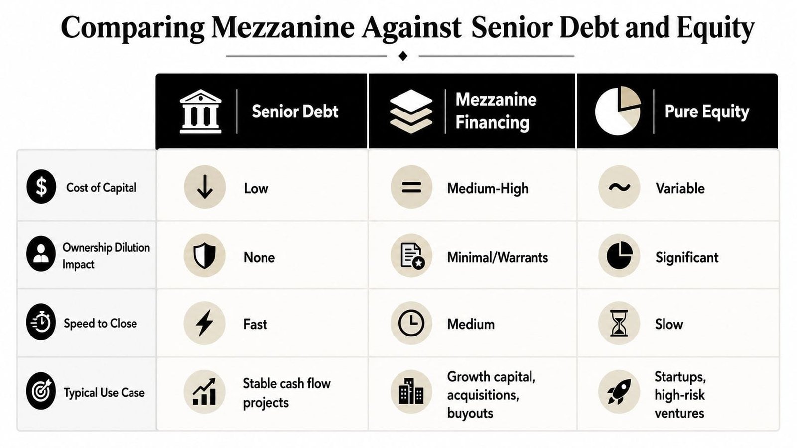 A comparison chart outlining the key differences between senior debt, mezzanine financing, and pure equity capital structures.