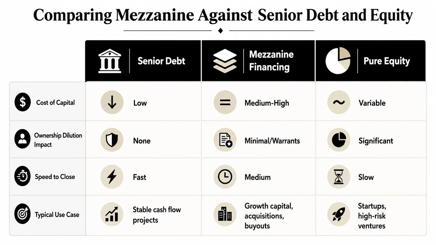 A comparison chart outlining the key differences between senior debt, mezzanine financing, and pure equity capital structures.