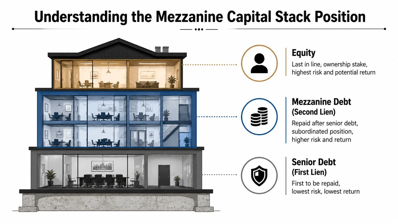 A diagram illustrating the capital stack layers in commercial real estate: equity, mezzanine debt, and senior debt.