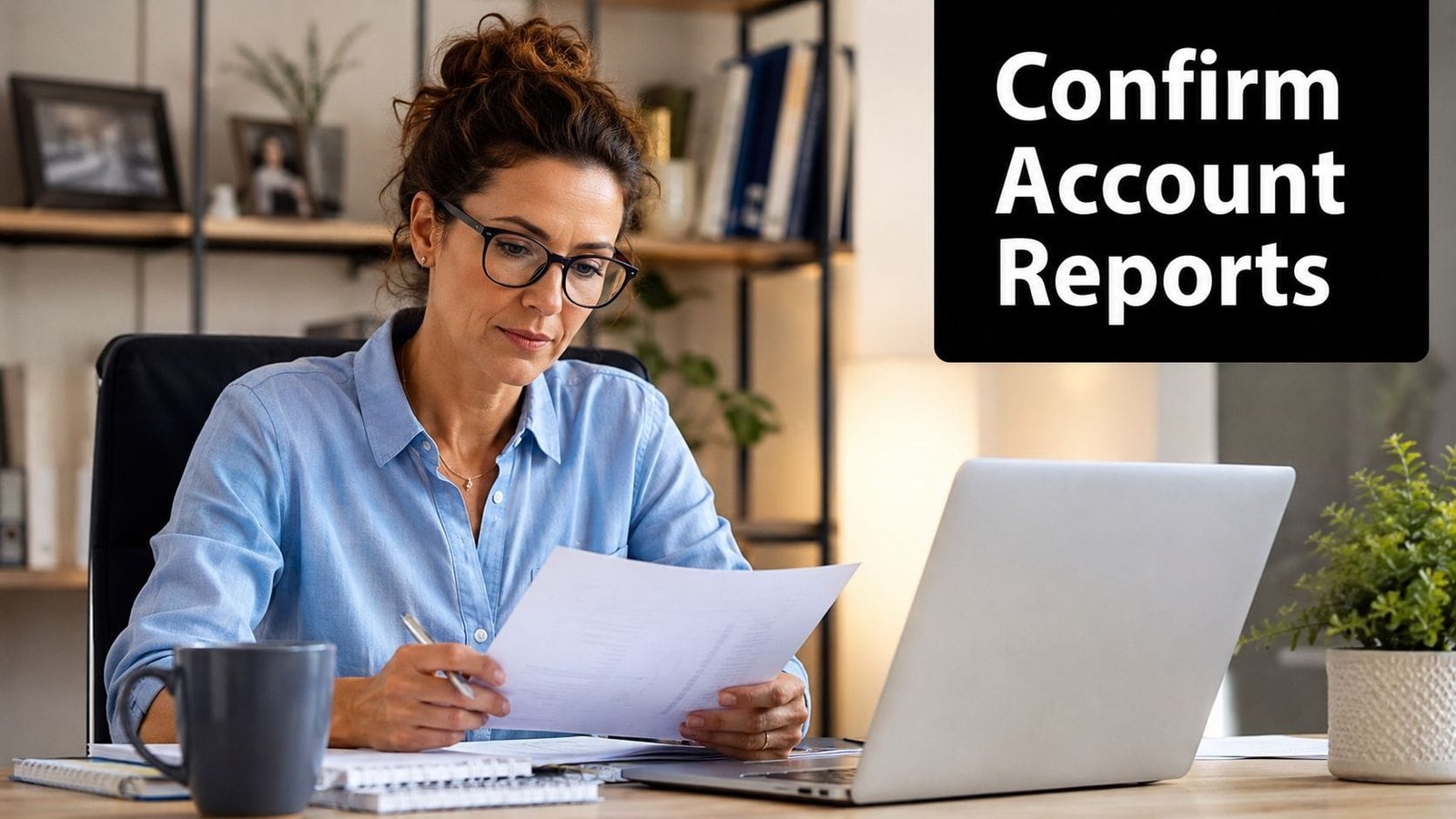A professional woman in glasses reviewing financial documents while sitting at her office desk with a laptop.