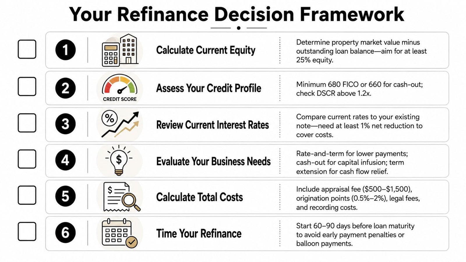 A six-step checklist for refinancing commercial real estate, detailing criteria for equity, credit, rates, needs, costs, and timing.