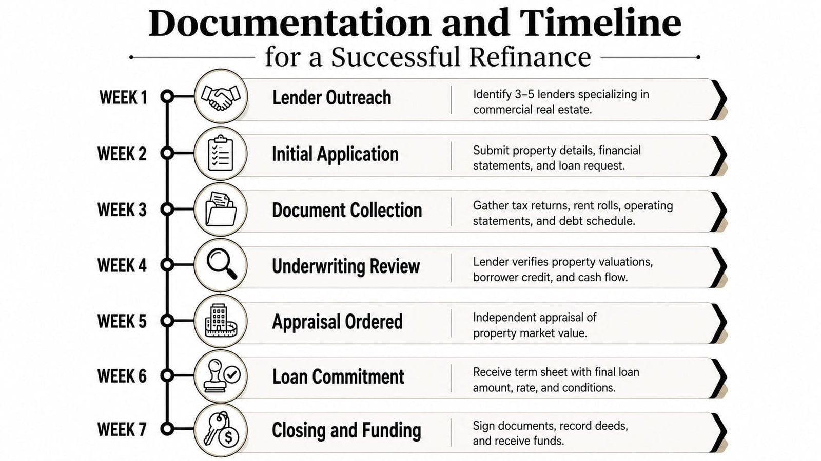 A 7-week timeline chart illustrating the step-by-step process for a successful commercial real estate refinance.