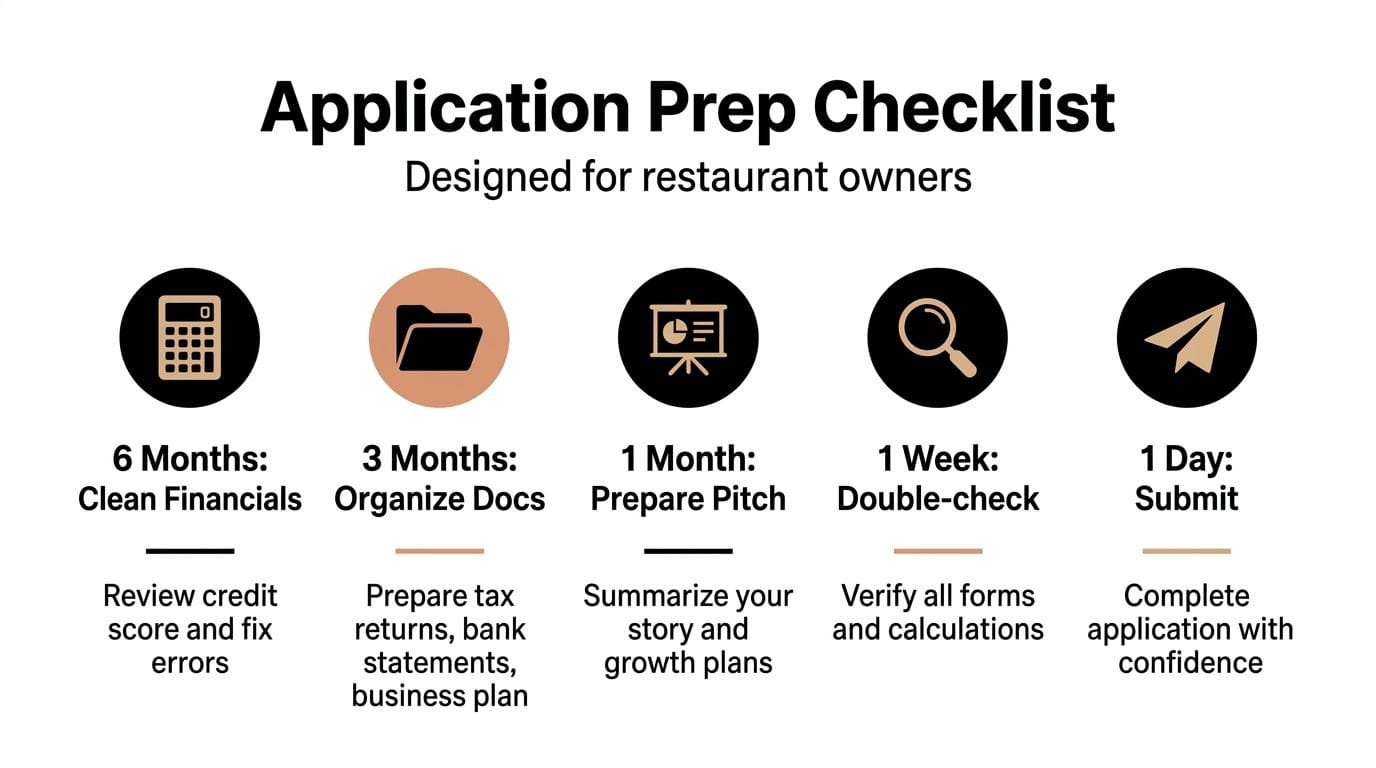 A timeline infographic titled Application Prep Checklist for restaurant owners to prepare for loan applications.