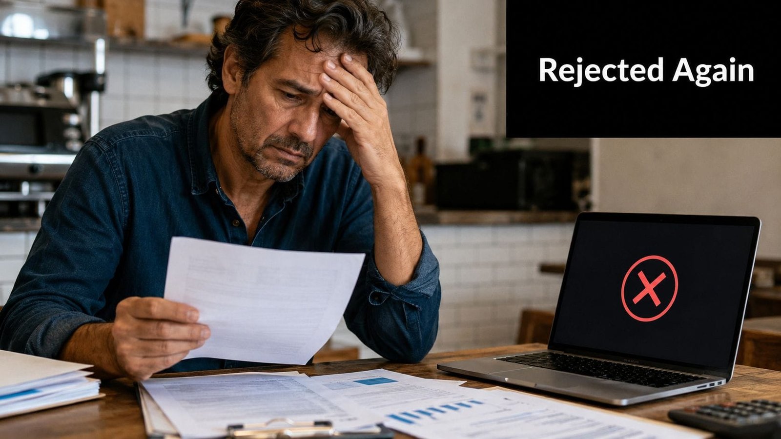 A distressed man sits at a desk with papers, looking at a laptop showing a rejection symbol.