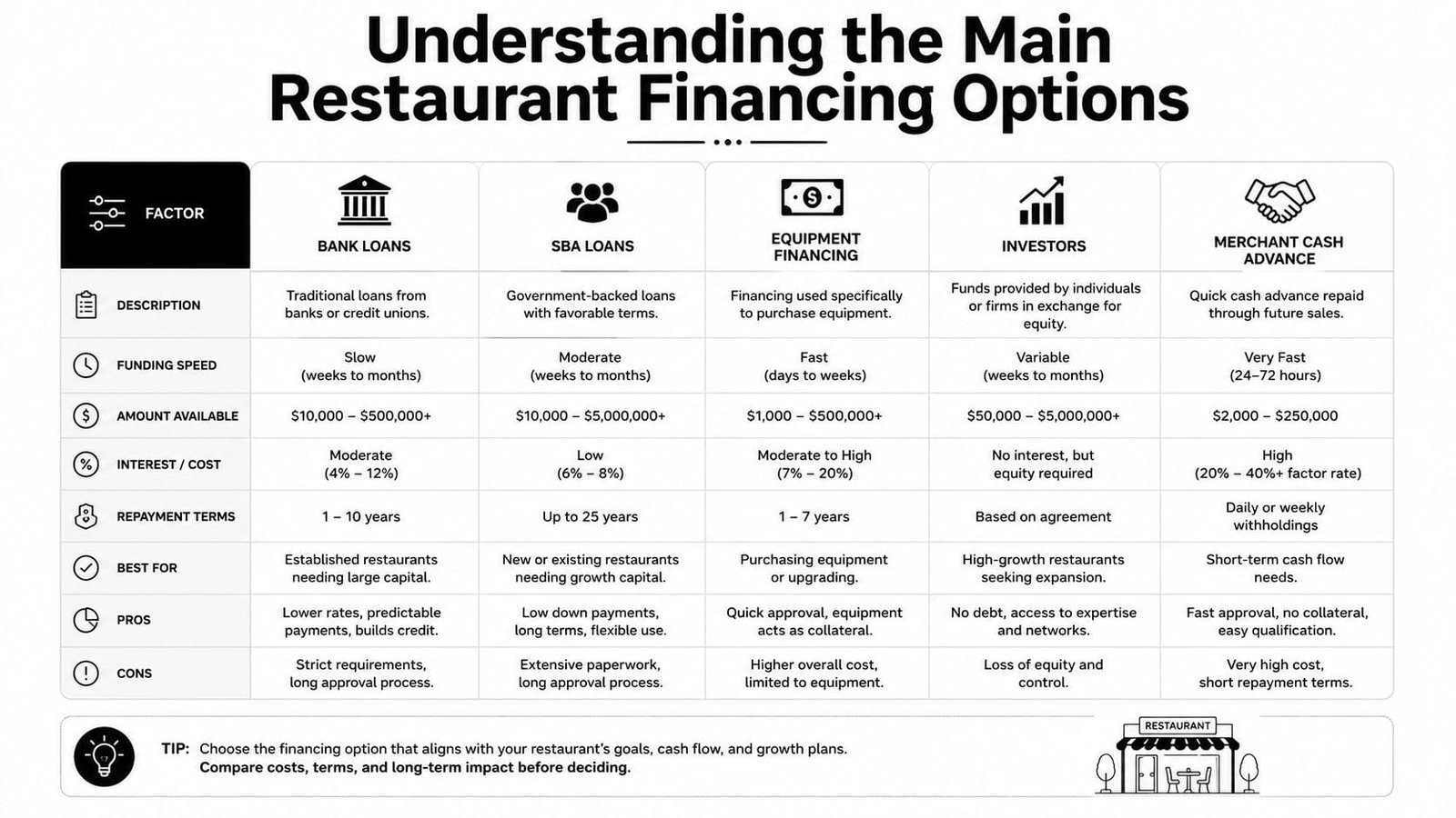 A comparison chart outlining different restaurant financing options including bank loans, SBA loans, equipment financing, investors, and merchant cash advances.