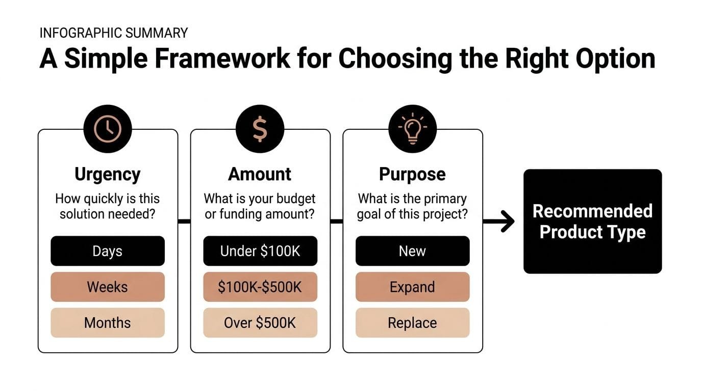 A decision framework infographic explaining how to choose the right option based on urgency, amount, and purpose.