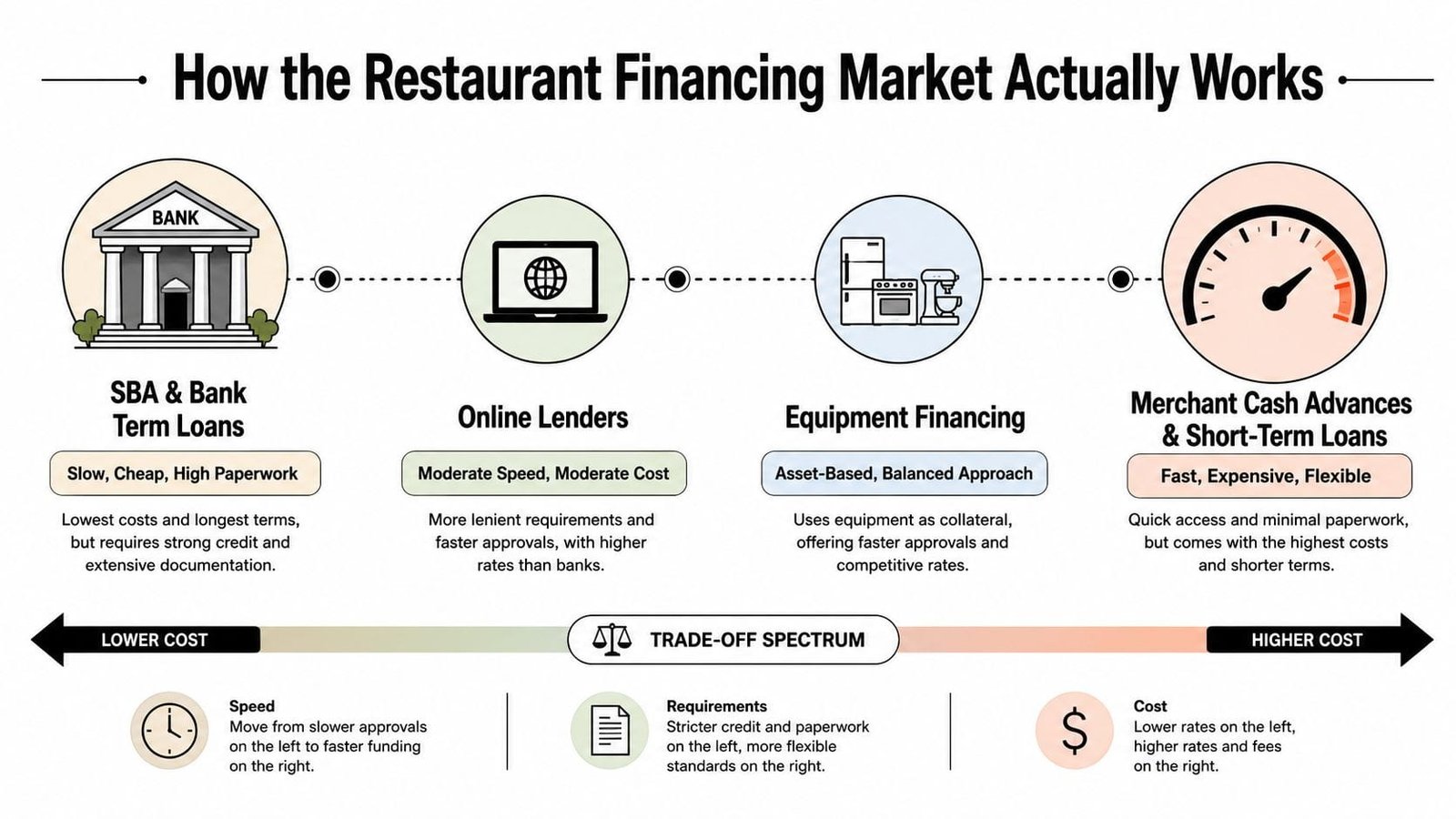 A visual guide illustrating the trade-offs between different restaurant financing options from bank loans to cash advances.